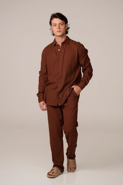 camisa linho manga longa marrom