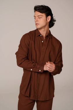 camisa linho manga longa marrom