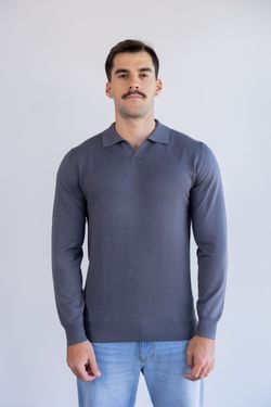sueter tricot egipcio gola polo cinza