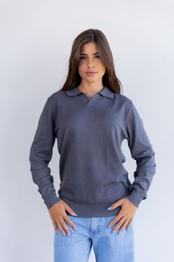 sueter tricot egipcio gola polo cinza