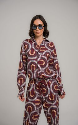 camisa linho manga longa mid century modern estampado