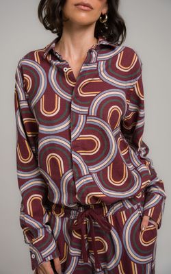 camisa linho manga longa mid century modern estampado