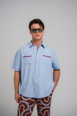 camisa over linho debrum manga curta azul bebê