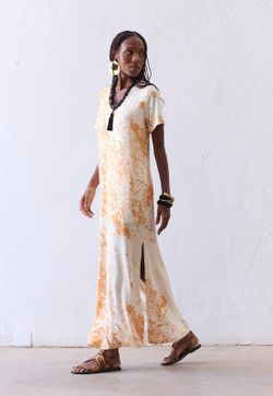 Vestido Gola V Estampa Musgo