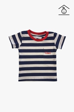 Camiseta infantil algodão bolso bordado ciao Nani listras azul e creme