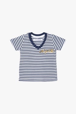 Camiseta infantil algodão bordado tagliatelle Duda listras azuis e branco 