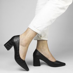 Scarpin Claire Salto Grosso Preto Croco