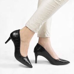 Scarpin Salto Baixo Bico Fino Lolita Preto Croco