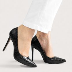 Scarpin Salto Alto  Bico Fino Suzy Croco Preto