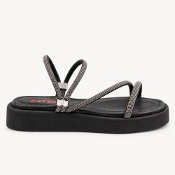 Sandália Zatta Anabela Baixa Brilho Flora Preto