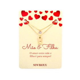 Imagem do produto Colar Gargantilha Conjunto Mãe & Filha Placa e Coração com Zircônias Folheado a Ouro 18K