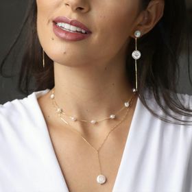 Imagem do produto Brinco Dois em 1 Pérola e Fio Pérola Moeda Folheado a Ouro 18K