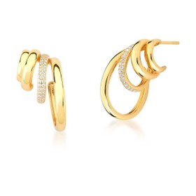 Imagem do produto Brinco Quatro Meia Argolas Lisas e Cravejada de Zircônias Folheado a Ouro 18K
