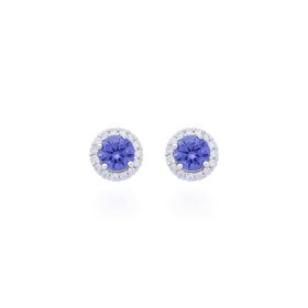 Imagem do produto Brinco pequeno botão com cravação de zircônia na volta e cristal roxo tanzanita central em prata 925