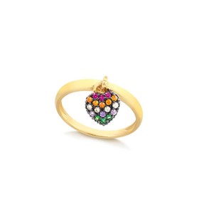 Imagem do produto Anel com Pingente de Coração Cravejado de Zircônias Coloridas Folheado a Ouro 18K