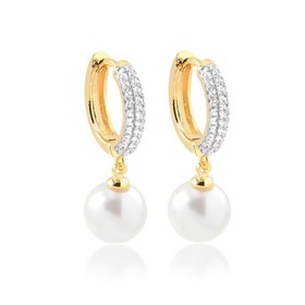 Imagem do produto Brinco Argola com Pingente de Pérola Cravejado de Zircônias Folheado a Ouro 18K