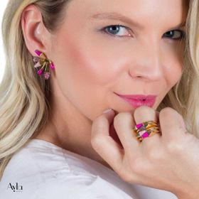 Imagem do produto Brinco Stone Geométrico Drusa Multicolorida e Haulita Pink Folheado a Ouro 18k