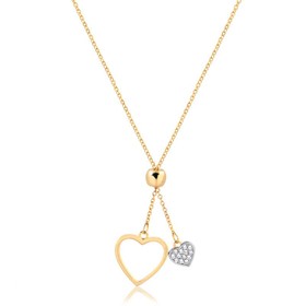 Imagem do produto Colar gravatinha 40cm com corações pequeno cravejado de zircônias e grande liso vazado folheado a ouro 18k 