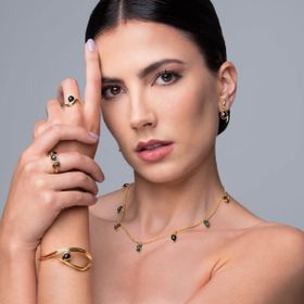 Imagem do produto Colar Livia 42cm com Pedras intercaladas Drusa Platina Obsidiana Negra e Quartzo Fumê folheado a ouro 18K