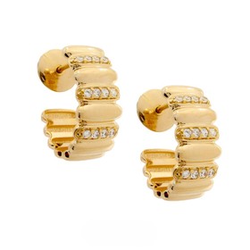 Imagem do produto Brinco Meia Argola com Gomos e Filetes de Zircônias em Prata 925 Folheado a Ouro 18K