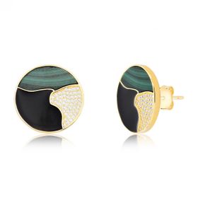 Imagem do produto Brinco Redondo Pedra Natural Malaquita Verde  Resina Preta  Cravejado Folheado a Ouro 18K
