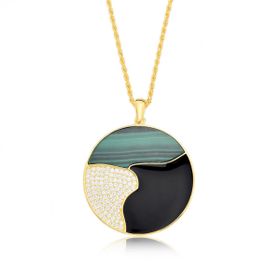 Imagem do produto Colar Redondo Pedra Natural Malaquita Verde  Resina Preta  Cravejado Folheado a Ouro 18K