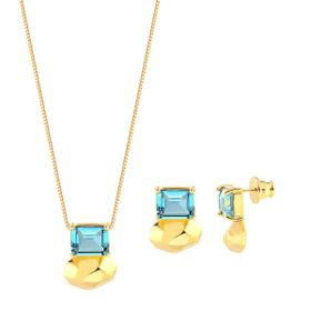 Imagem do produto Colar Cristal Aqua Quadrado Pendente com Placa Lisa Oval Folheado a Ouro 18K