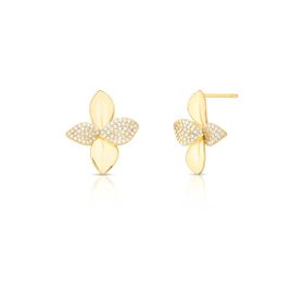 Imagem do produto Brinco com Desing Floral 4 Pétalas Liso e Pavê de Zircônia Folheado a Ouro 18K