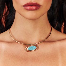 Imagem do produto Colar Pedra Oval Curvo Vazado Turquesa Pendente Folheado a Ouro 18K