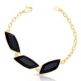 Imagem do produto Pulseira Maleável 3 Cristais Negras Navete Retangular Geométrico Folheado a Ouro 18K