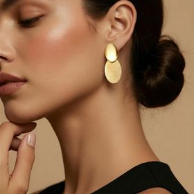 Imagem do produto Brinco de Base Oval Lisa com Pendente Oval Fosco Articulado Folheado a Ouro 18K