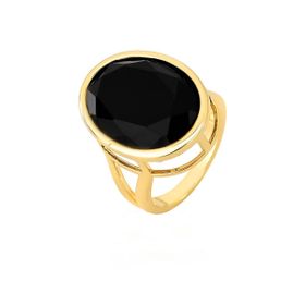 Imagem do produto Anel Cristal Oval Preto Grande com Aro Aberto Liso Folheado a Ouro 18K
