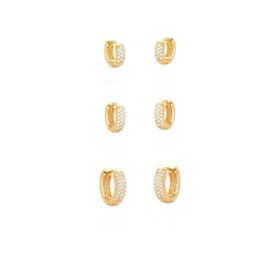 Imagem do produto Brinco Trio Argolas de Click Cravejadas de Zircônia Folheado a Ouro 18K