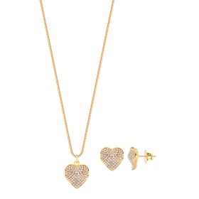 Imagem do produto Conjunto Coração Cravejado de Zircônia Abaluado Folheado a Ouro 18K