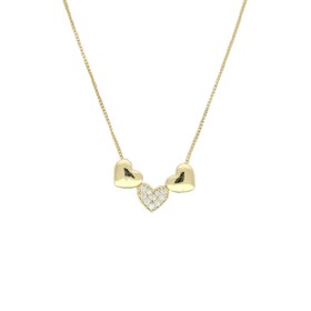 Imagem do produto Colar 3 Corações Cravejado de Zircônias Central com Lisos Laterais Folheado a Ouro 18K
