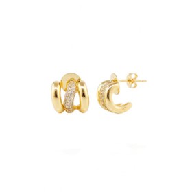 Imagem do produto Brinco Meia Argola Tripla Liso e Cravejado Folheado a Ouro 18K