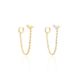 Imagem do produto Brinco Dois Furos com Corrente Pendente Cravejada de Zircônias Folheado a Ouro 18K