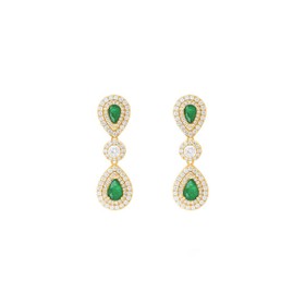 Imagem do produto Brinco Gota Dupla Esmeralda Pendente com Cristal Central e Cravação na Volta Folheado a Ouro 18K