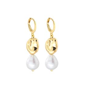Imagem do produto Brinco de Argola com Elemento Orgânico Liso e Pérola Biwa Gota Folheado a Ouro 18K