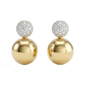 Imagem do produto Brinco Duas Esferas Lisa e Cravejada com 34 Brilhantes 30PTS em Ouro 18K
