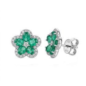 Imagem do produto Brinco Flor com Esmeraldas 1,50CT e Cravação de Brilhantes 0,40CT em Ouro Branco 18K