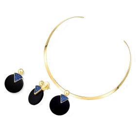 Imagem do produto Conjunto Chocker Agata Preta e Cianita Redondo Folheado a Ouro 18K