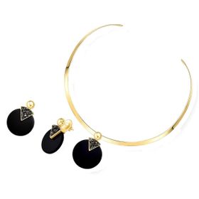 Imagem do produto Conjunto Chocker Agata Preta e Pirita Redondo Folheado a Ouro 18K