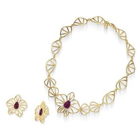 Imagem do produto Conjunto Floral com Oval Rubi Vazado Folheado a Ouro 18K