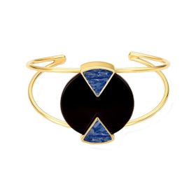 Imagem do produto Pulseira Bracelete Diva Ágata Preta e Cianita Aberto Folheado a Ouro 18K