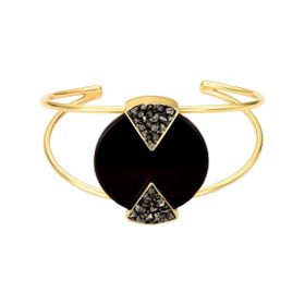 Imagem do produto Pulseira Bracelete Diva Ágata Preta e Pirita Aberto Folheado a Ouro 18K