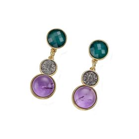 Imagem do produto Brinco Diva com Base Esmeralda Titanio e Ametista Pendente Redondo Folheado a Ouro 18K