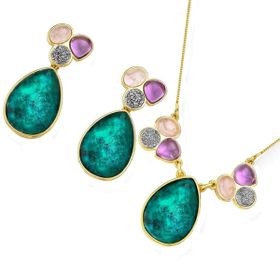 Imagem do produto Conjunto Diva Esmeralda Gota Pendente com Titânio Rutilo e Ametista na Base Folheado a Ouro 18K