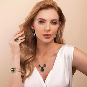 Imagem do produto Conjunto Diva Esmeralda Gota Pendente com Titânio Rutilo e Ametista na Base Folheado a Ouro 18K