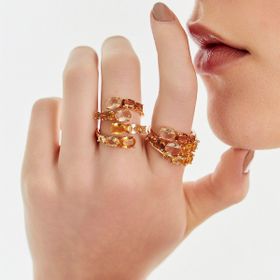 Imagem do produto Anel 6 Cristais Citrino Ovais 10MM 4 Garras Vazado Folheado a Ouro 18K